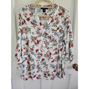 #106 Faith & Zoe 3/4 sleeve top, white/pink/mauve floral pattern, sz 1X
